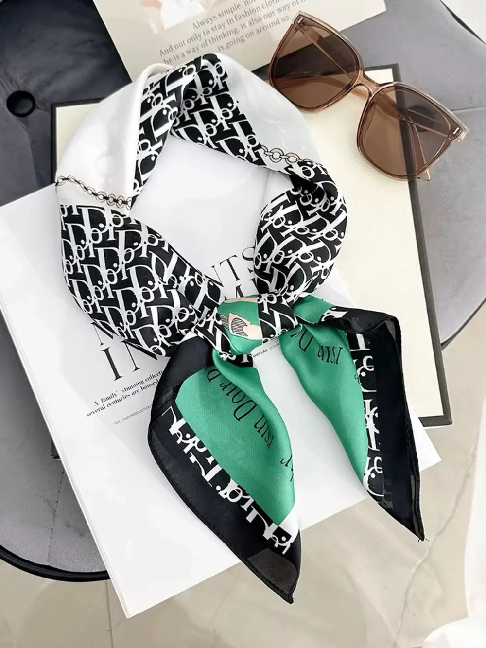90cm x 90cm Dior Green Black White Silk Scarf with Chain Print